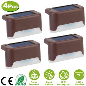 4Pcs Solar Powered LED Step Lights Outdoor IP55 Waterproof Dusk To Dawn Sensor Fence Lamps (Color: brown)