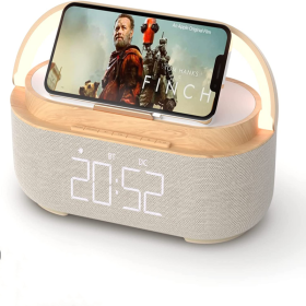 Digital Alarm Clock Radio Bluetooth Speaker Wireless Charger Snooze LED Display Wireless Speaker Loud Alarm Clock Sound Charger (Color: wood)