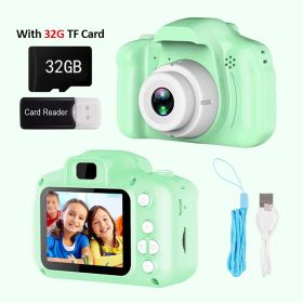 Mini Cartoon Kids Photo Camera 2 Inch HD Screen Children Digital Camera Video Recorder Camcorder Toys For Child Birthday Gift (Color: Green with 32G Card)