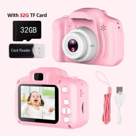 Mini Cartoon Kids Photo Camera 2 Inch HD Screen Children Digital Camera Video Recorder Camcorder Toys For Child Birthday Gift (Color: Pink with 32G Card)