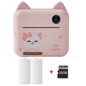 Children Instant Camera Print Camera 1080P Video Photo Digital Camera With Print Paper For Child Birthday Christmas Gift (Color: Pink-2 Rolls -32GB)